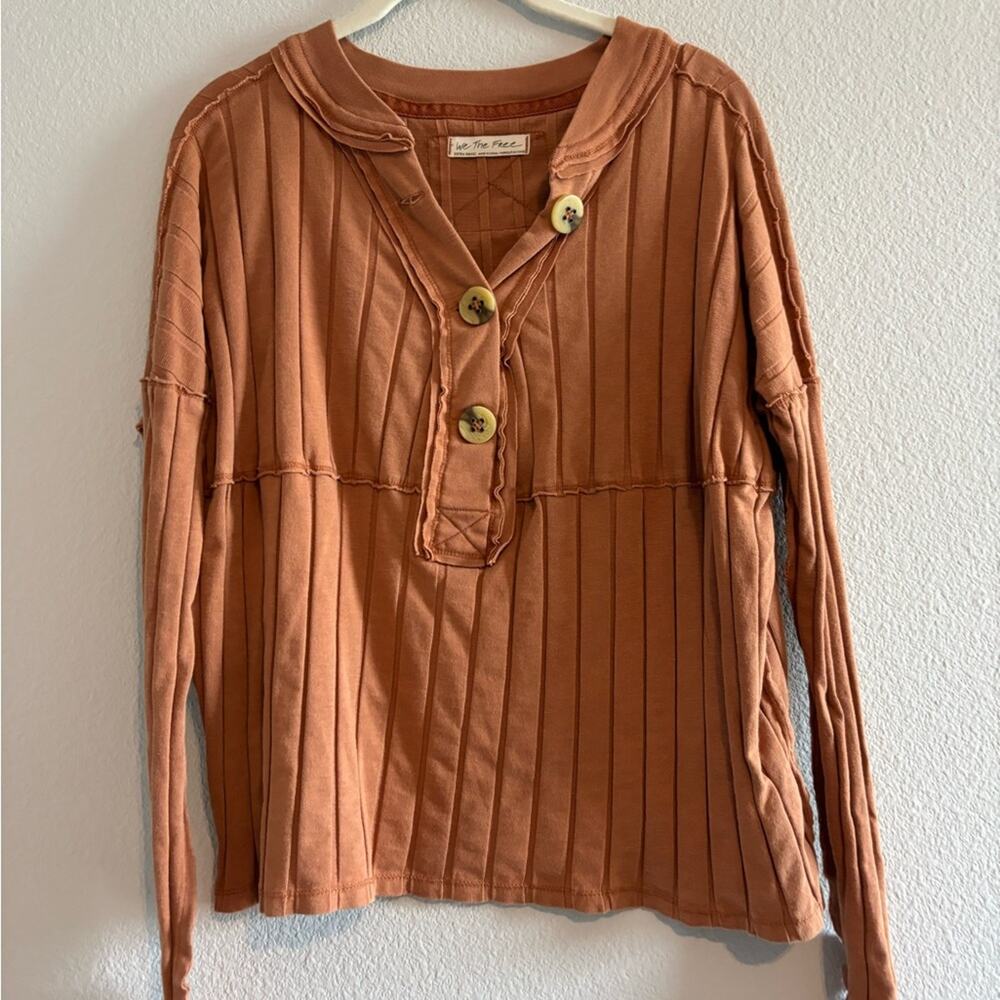 Free People In the Mix Henley Ribbed Long Sleeve Shirt in Horizon Orange size XS - Picture 3 of 5
